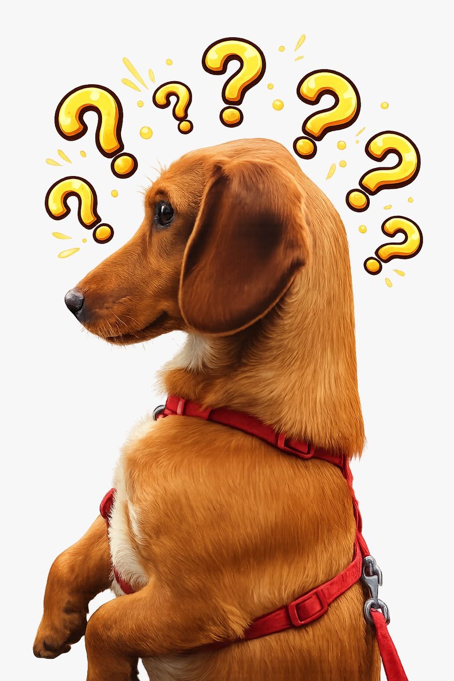 Chien perplexe entouré de points d'interrogation